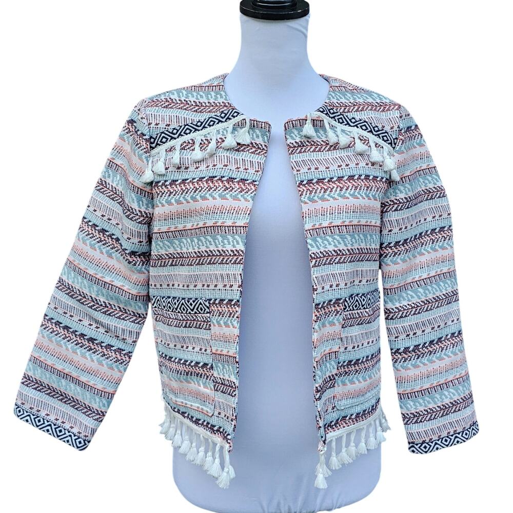 JACK BB Dakota Blazer Tassel Trim Jacket Size M Embroidered Striped Fringe Med